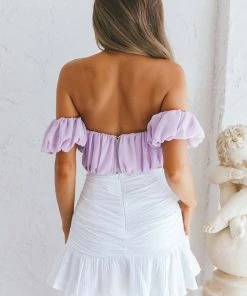Selfie Leslie New In Bisous Sweetheart Neckline Ruched Off-Shoulder Crop Top Lilac