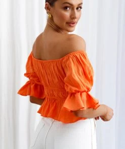 Selfie Leslie Bestselling Tops Josephina Off-Shoulder Lace-Up Front Crop Top Neon Orange