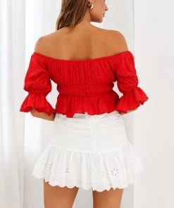 Selfie Leslie Josephina Off-Shoulder Lace-Up Front Crop Top Red New In