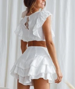 Selfie Leslie Wild And Free Pintuck Pleat And Ruffle Crop Top White