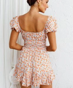 Selfie Leslie Amilie Shirred Waist Sundress Dainty Floral Orange New In