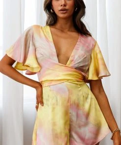Selfie Leslie Unconditional Plunging Wrap Style Romper Marbled Tie Dye Pink/Yellow