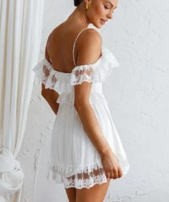Selfie Leslie Good Morning Sunshine Off Shoulder Lace Frill Trim Mini Dress White