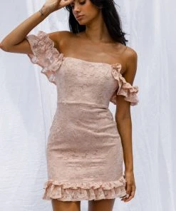 Selfie Leslie Verona Off-Shoulder Lace Overlay Mini Dress Blush New In