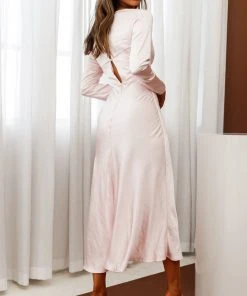 Selfie Leslie Anjela Long Sleeve Thigh Split Midi Dress Baby Pink