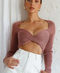 Selfie Leslie New In Villa Laguna Twist Bust Long Sleeve Crop Top Blush