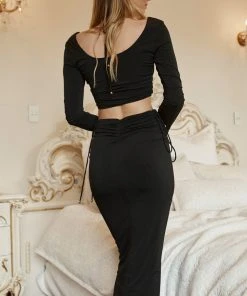 Selfie Leslie Your Muse Long Sleeve Drawstring Bust Crop Top Black New In