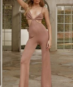 Selfie Leslie Clearance New In Bellagio Flared Leg Ribbed Knit Jumpsuit Beige