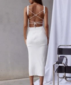 Selfie Leslie Dream Crush Lace-Up Back Side Split Midi Dress White New In