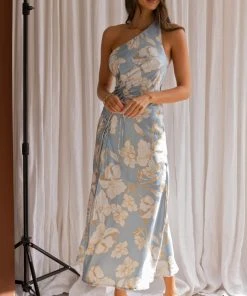 Selfie Leslie Casa Del Mar One-Shoulder Ruched Midi Dress Floral Blue