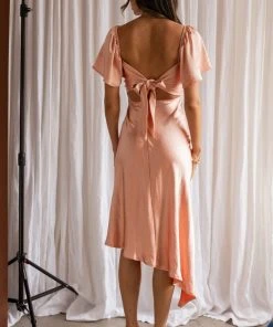 Selfie Leslie Grayson Tied Back Asymmetrical Midi Dress Peach New In