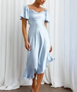 Selfie Leslie Grayson Tied Back Asymmetrical Midi Dress Steel Blue New In