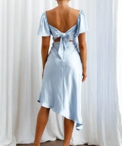 Selfie Leslie Grayson Tied Back Asymmetrical Midi Dress Steel Blue New In