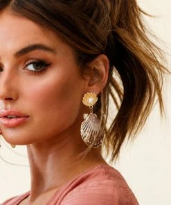 Selfie Leslie Bora Bora Pearl Accent Shell Earrings Tan