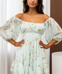 Selfie Leslie Abby Off-Shoulder Tie-Up Back Dress Floral Print Mint New In