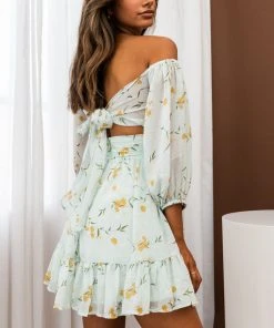 Selfie Leslie Abby Off-Shoulder Tie-Up Back Dress Floral Print Mint New In