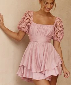 Selfie Leslie Sales Shop 11 Selfie Leslie Abby Lace Puff Sleeve Tie-Up Back Dress Blush New In