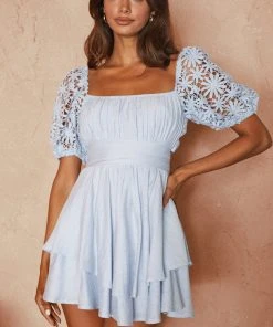 Selfie Leslie Sales Shop 42 Selfie Leslie Abby Lace Puff Sleeve Tie-Up Back Dress Steel Blue