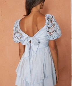 Selfie Leslie Abby Lace Puff Sleeve Tie-Up Back Dress Steel Blue