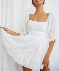 Selfie Leslie Abby Off-Shoulder Tie-Up Back Dress Eyelet Embroidery Dress White New In