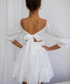 Selfie Leslie Abby Off-Shoulder Tie-Up Back Dress Eyelet Embroidery Dress White New In