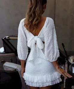 Selfie Leslie Abby Frill Hem Lace Dress White