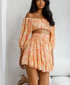 Selfie Leslie Abby Off-Shoulder Tie-Up Back Crop Top Floral Print Pink New In