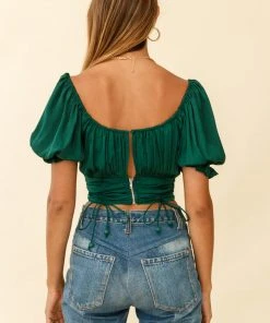 Selfie Leslie Bright Side Puff Sleeve Ruched Crop Top Forest Green New Tops