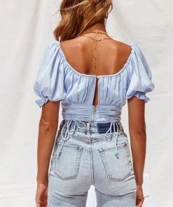 Selfie Leslie Bright Side Puff Sleeve Ruched Crop Top Steel Blue New Tops