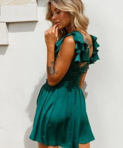 Selfie Leslie Bestsellers Lola Ruffle Shoulder Ruched Dress Forest Green