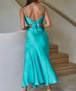 Selfie Leslie Acapulco Cami Strap Tied Back Satin Maxi Dress Green New In