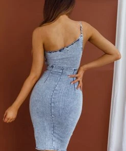 Selfie Leslie Sicily One-Shoulder Thigh Split Knee Length Dress Denim