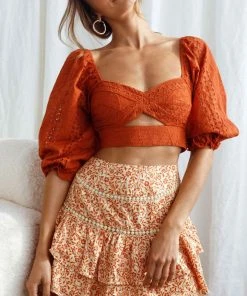 Selfie Leslie Aisha Puff Sleeve Tie Back Broderie Anglaise Crop Top Rust New In