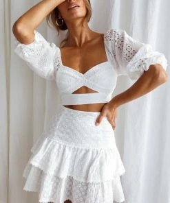 Selfie Leslie Aisha Puff Sleeve Tie Back Broderie Anglaise Crop Top White New In