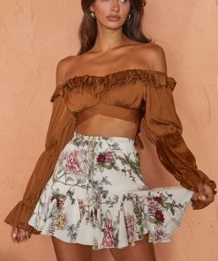 Selfie Leslie Arya Long Sleeve Tie-Back Crop Top Chocolate New In