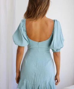 Selfie Leslie Clearance New In Alma Drawstring Circle Bust Puff Sleeve Mini Dress Sage