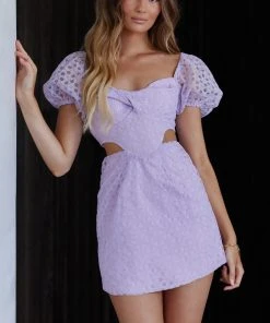 Selfie Leslie Ariarne Puff Sleeve Cut-Out Waist Mini Dress Lilac