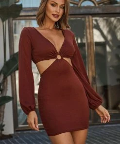 Selfie Leslie Annecy Long Sleeve Cut-Out Waist Mini Dress Chocolate New In