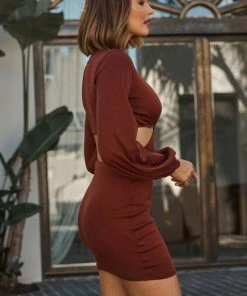 Selfie Leslie Annecy Long Sleeve Cut-Out Waist Mini Dress Chocolate New In