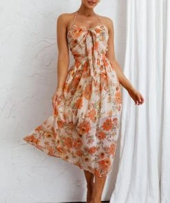 Selfie Leslie Los Feliz Tied Bust Halterneck Midi Dress Floral Beige