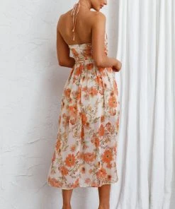 Selfie Leslie Los Feliz Tied Bust Halterneck Midi Dress Floral Beige