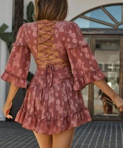 Selfie Leslie Albany Lace Up Back Frill Dress Flower Print Rose New In