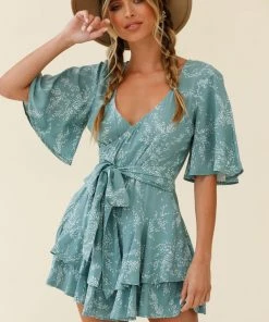 Selfie Leslie Trending Davina Angel Sleeve Cut-Out Back Romper Leaf Print Sage