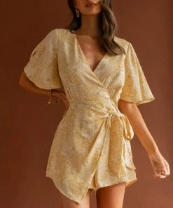 Selfie Leslie Nadi V-Neckline Wrap Romper Rose Flower Print Yellow