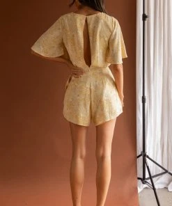 Selfie Leslie Nadi V-Neckline Wrap Romper Rose Flower Print Yellow