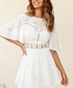 Selfie Leslie Anais Fluted Sleeve Exposed Back Broderie Anglaise Dress White Bridal Shower