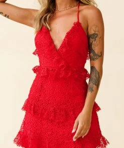 Selfie Leslie Airlie Halterneck Open Back Lace Dress Red Valentines Day