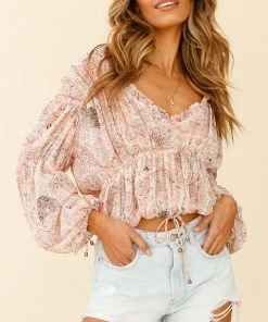 Selfie Leslie Beau Balloon Sleeve Drawstring Top Ornate Print Pink Trending