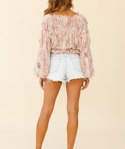 Selfie Leslie Beau Balloon Sleeve Drawstring Top Ornate Print Pink Trending