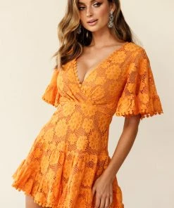 Selfie Leslie Alaia Short Fluted Sleeve Crochet Lace Dress Sunset Trending